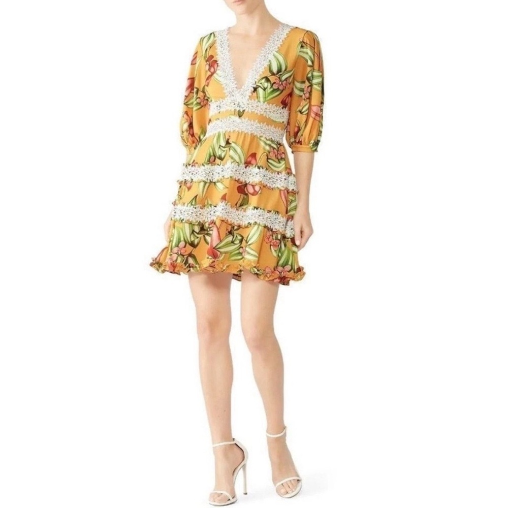 PatBO Women Zebrina Floral Print Tiered Mini Dress Sz 8 Yellow 3/4 Sleeve V Neck